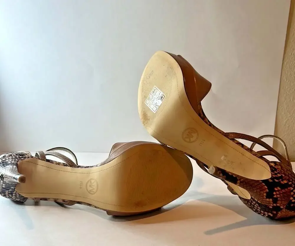 Michael Kors Platform Ankle Strap Sandals Snake Print Heels - Size 10